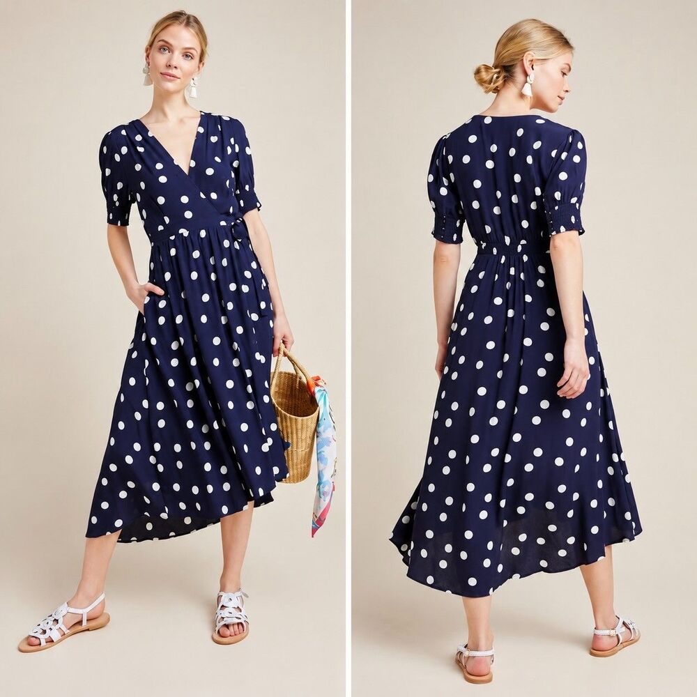Maeve by Anthropologie Polka Dot Wrap Long Dress Sz 14 Blue Puff Sleeve Pockets